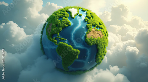  Earth planet with trees floating in the clouds, sustainability concep