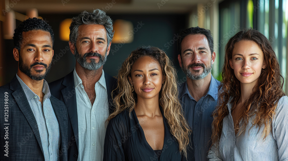 Fototapeta premium A professional and inspiring representation of diversity and teamwork in a modern office setting. A diverse group of coworkers are standing side by side, touching forearms gently instead of linking ha