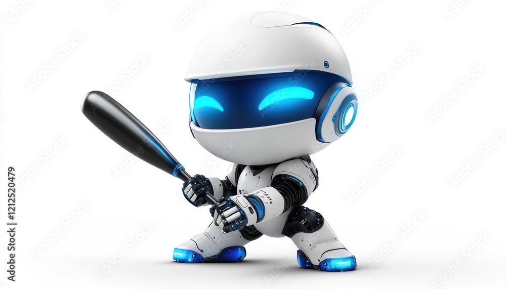 Cute futuristic robot ready to play baseball isolated on white background Cute futuristic robot ready to play baseball isolated on white background