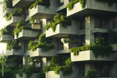 Contemporary apartment complex with balconies and green spaces, representing urban living photo