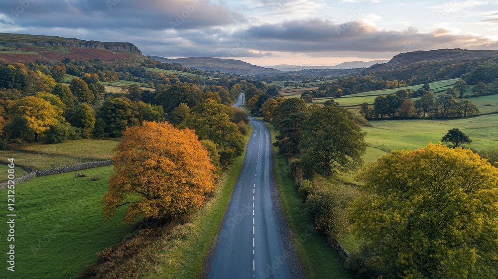 Fototapeta premium Scenic aerial view of country road winding through lush countryside in autumn