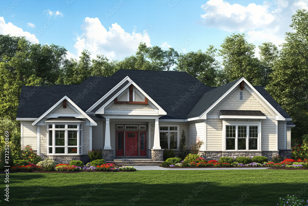 Beautiful residential home with vibrant landscaping, featuring a charming porch, colorful flowers, and lush greenery in a serene neighborhood setting Beautiful residential home with vibrant landscaping, featuring a charming porch, colorful flowers, and lush greenery in a serene neighborhood setting