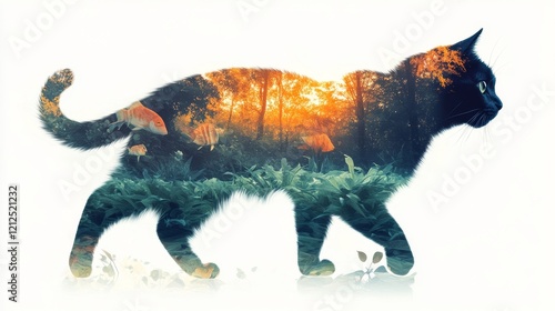 Enchanting cat silhouette with tropical fishes and woodland scene in double exposure art