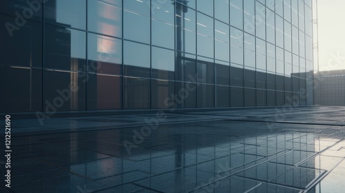 Modern Glass Facade Reflection   A contemporary building s glass facade reflects a serene cityscape  creating a stunning interplay of light and shadow. The wet ground enhances the reflection.