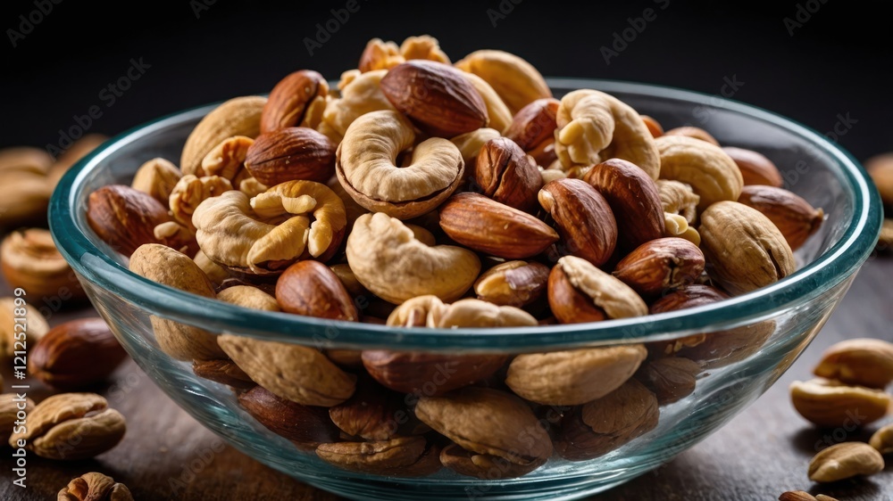 A glass bowl filled with a variety of mixed nuts, showcasing their textures and colors. A glass bowl filled with a variety of mixed nuts, showcasing their textures and colors.