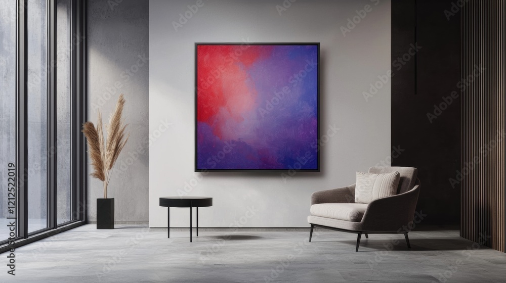 A large painting of a red and blue sky hangs on a wall in a room A large painting of a red and blue sky hangs on a wall in a room