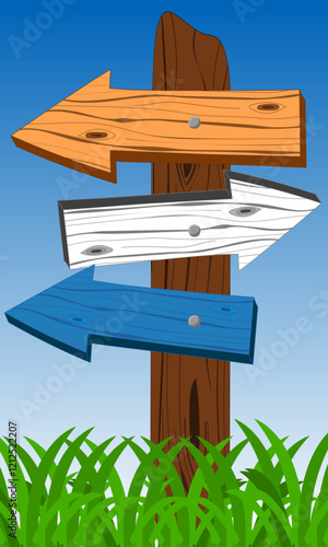 Wooden effect retro Signpost with different colour arrows pointing in different directions, options or career/life choices concept, Cartoon wood texture photo