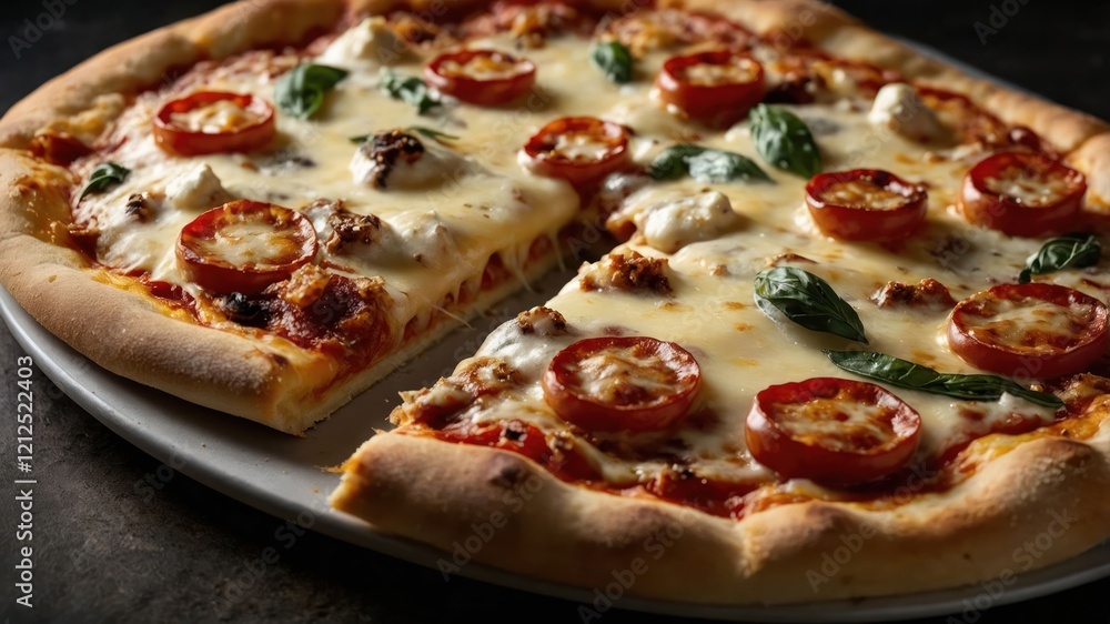 A delicious pizza topped with cheese, tomatoes, and basil, served on a plate. A delicious pizza topped with cheese, tomatoes, and basil, served on a plate.