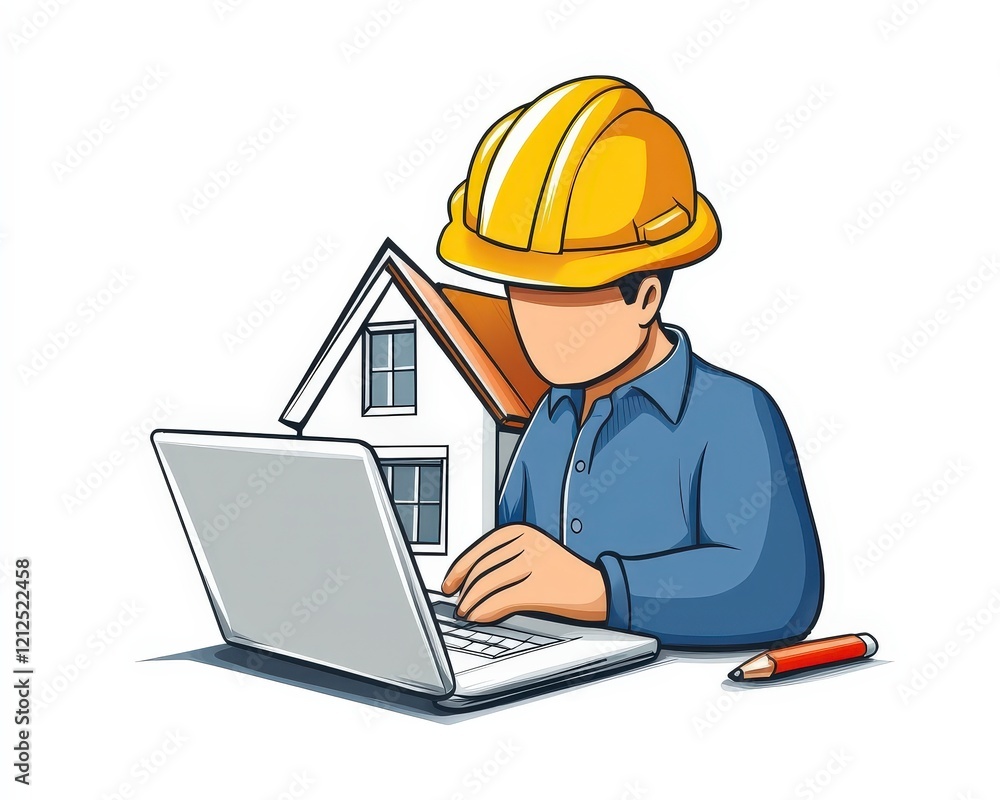Construction Worker with Hard Hat Using Laptop for Project Planning Construction Worker with Hard Hat Using Laptop for Project Planning