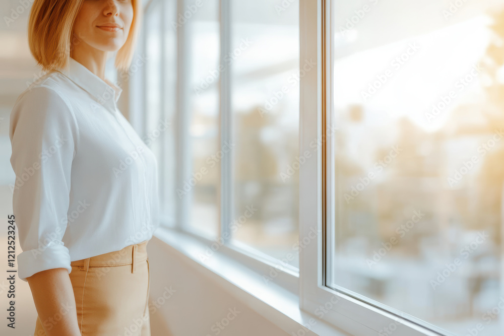 Confident Caucasian adult woman in bright office space with natural light and modern style Confident Caucasian adult woman in bright office space with natural light and modern style