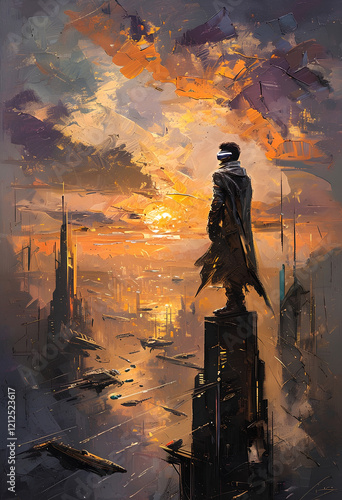 sunset in the futuristic city. photo