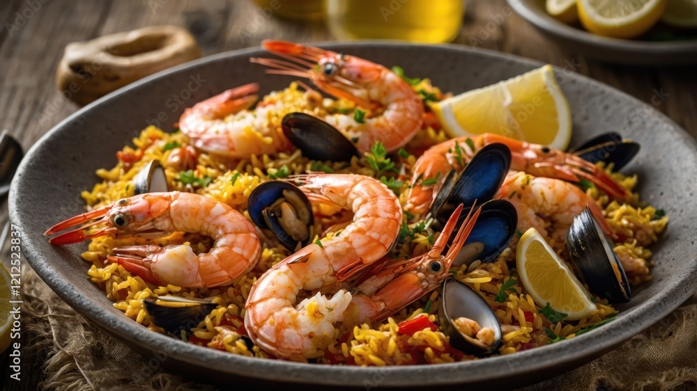 A vibrant seafood dish featuring shrimp, mussels, and lemon on a bed of rice. A vibrant seafood dish featuring shrimp, mussels, and lemon on a bed of rice.