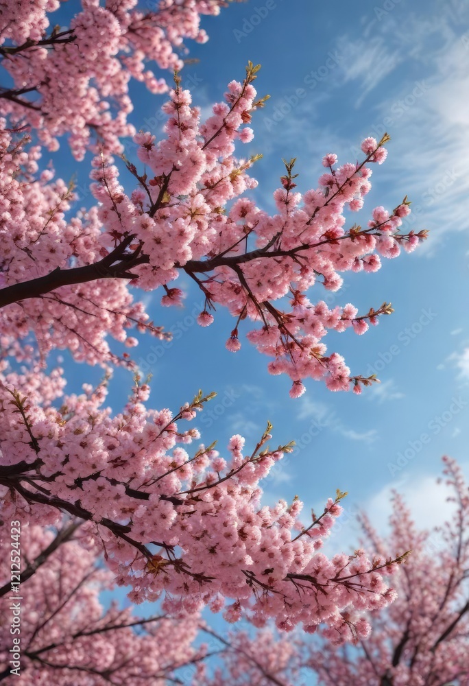 Cherry tree in full bloom with branches stretching towards the sky and leaves, landscape, leafy, new life Cherry tree in full bloom with branches stretching towards the sky and leaves, landscape, leafy, new life