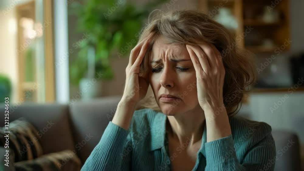 Woman experiencing headache relief with relaxation techniques in cozy home Woman experiencing headache relief with relaxation techniques in cozy home