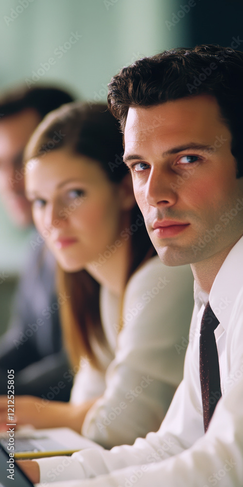 Business meeting with focused young Caucasian man and colleagues, diverse team in a professional setting Business meeting with focused young Caucasian man and colleagues, diverse team in a professional setting