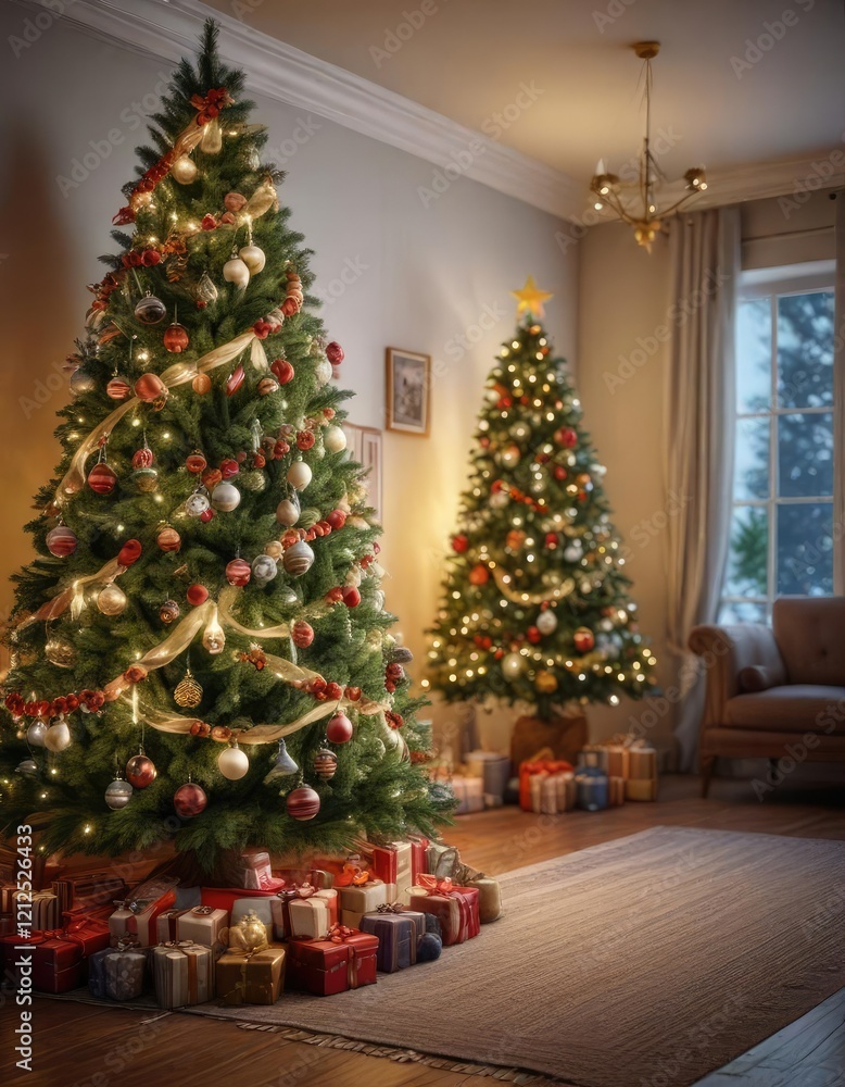 Christmas tree decorated with ornaments and garlands in a cozy room, warm lighting, relaxing atmosphere, cozy room Christmas tree decorated with ornaments and garlands in a cozy room, warm lighting, relaxing atmosphere, cozy room