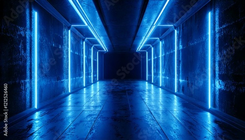 Futuristic Sci Fi Modern Elegant Alien Dark Grunge Concrete Room With Classic Pantone Blue Glowing 