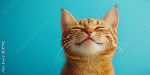 Banner with pets. Ginger cat smiling with closed eyes and relaxed expression. Isolated on blue colored background