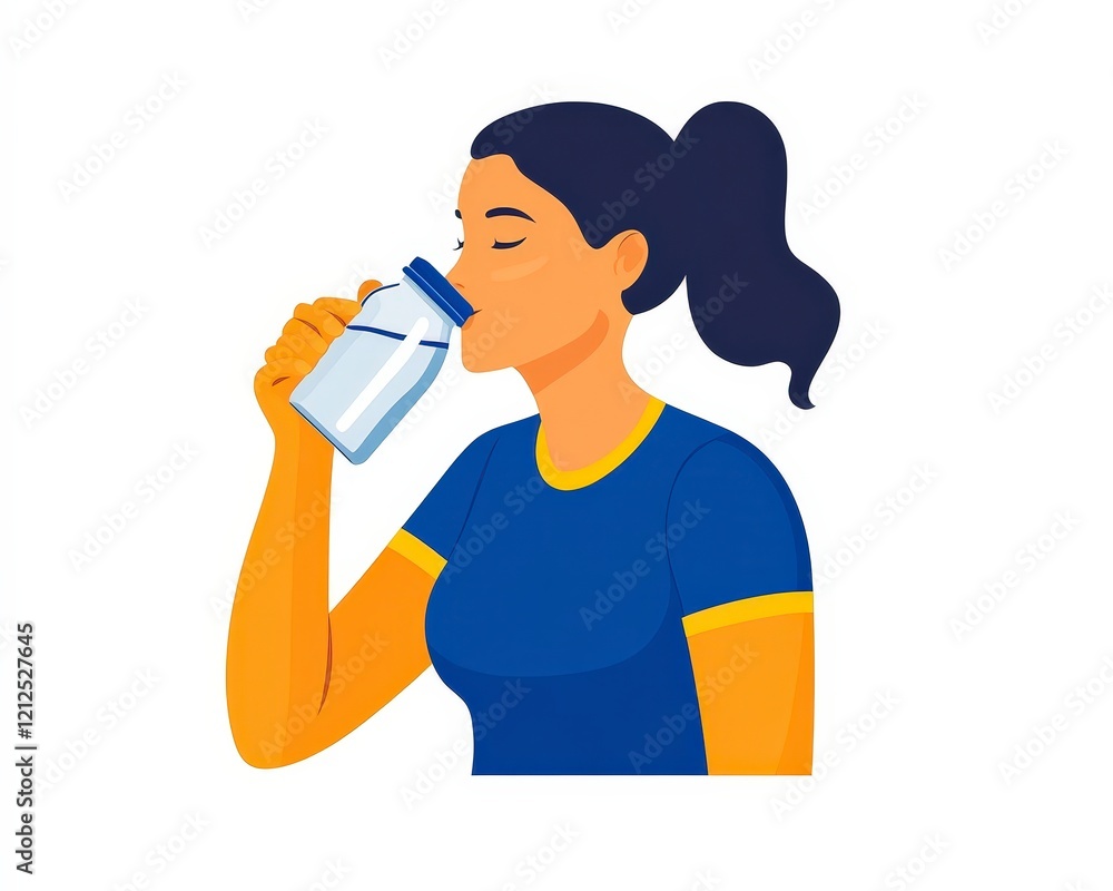Young Woman Enjoys Refreshing Drink from Glass Jar in Blue Shirt Young Woman Enjoys Refreshing Drink from Glass Jar in Blue Shirt