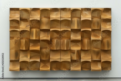 Wooden wall sculpture creating a pattern of concave shapes, adding a touch of modern art to a minimalist interior photo