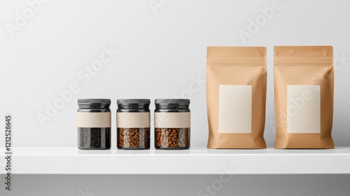 A shelf with jars of spices and bags of coffee