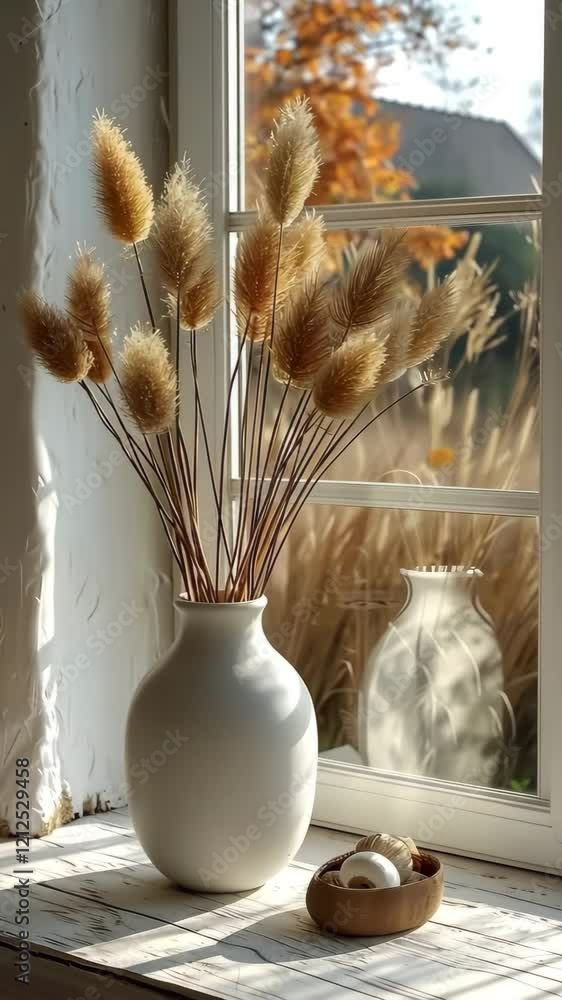 A vase with dried flowers near a window, illuminated by soft natural light.
A vase with dried flowers near a window, illuminated by soft natural light.