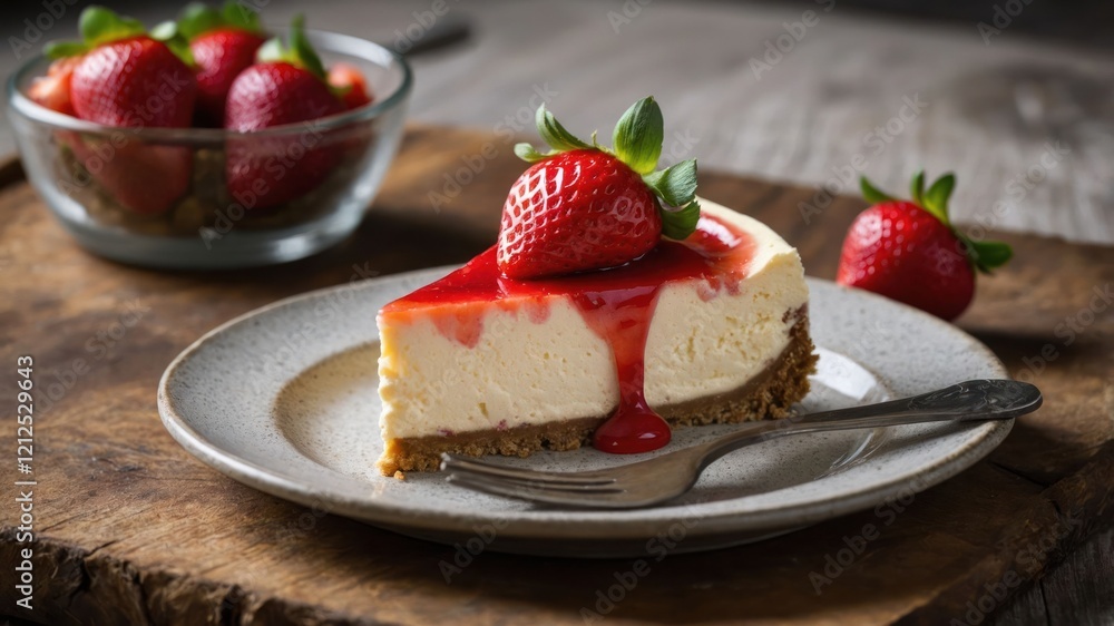 A slice of cheesecake topped with strawberry sauce and fresh strawberries on a rustic plate. A slice of cheesecake topped with strawberry sauce and fresh strawberries on a rustic plate.