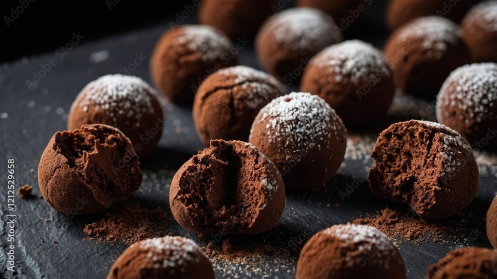 A close-up view of chocolate truffles, some whole and others broken, dusted with cocoa powder. A close-up view of chocolate truffles, some whole and others broken, dusted with cocoa powder.