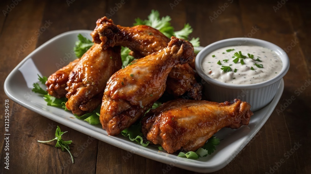 A platter of crispy chicken wings served with a creamy dipping sauce on a wooden table. A platter of crispy chicken wings served with a creamy dipping sauce on a wooden table.