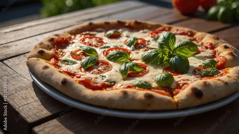 A delicious pizza topped with tomatoes and basil, served on a wooden table. A delicious pizza topped with tomatoes and basil, served on a wooden table.