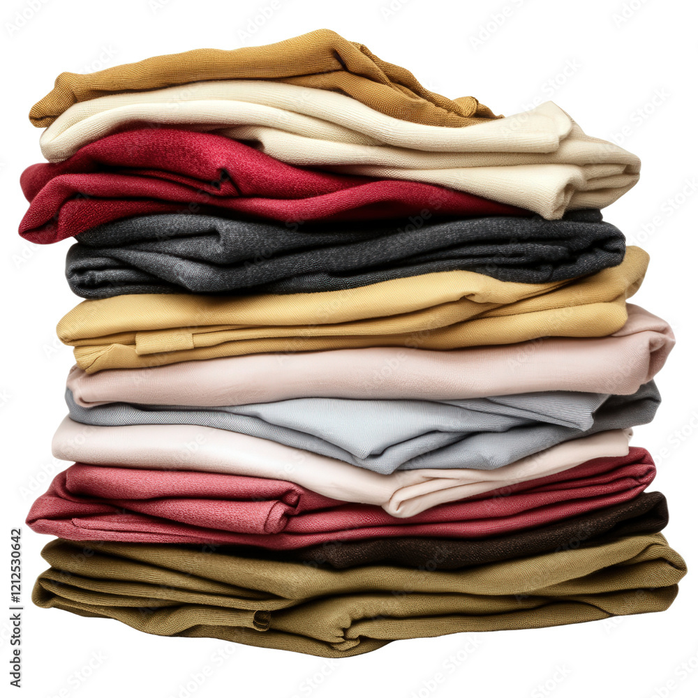 Stack of neatly folded clothes in various colors arranged on a flat surface isolated on transparent background. Stack of neatly folded clothes in various colors arranged on a flat surface isolated on transparent background.