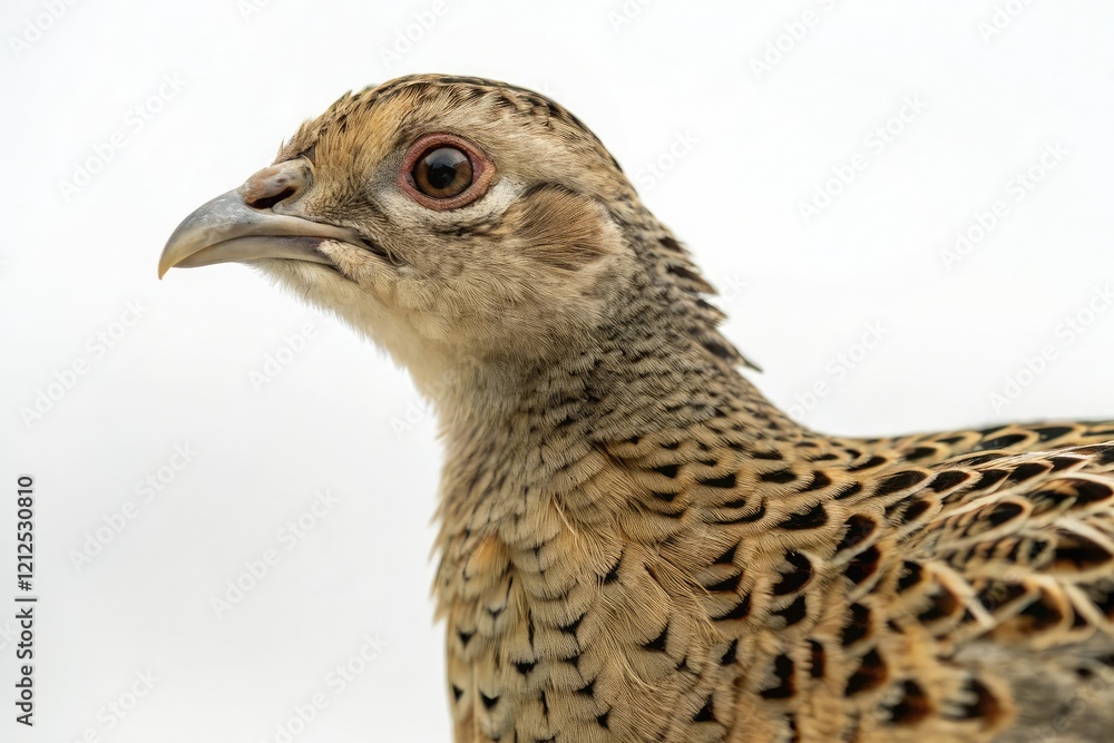 Close-up of a female Common pheasant's face with subtle expressions and textured feather patterns, brown, feathers Close-up of a female Common pheasant's face with subtle expressions and textured feather patterns, brown, feathers