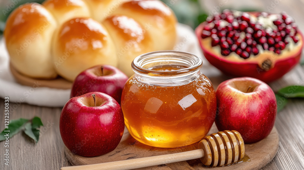 honey jar surrounded by red apples honey jar surrounded by red apples