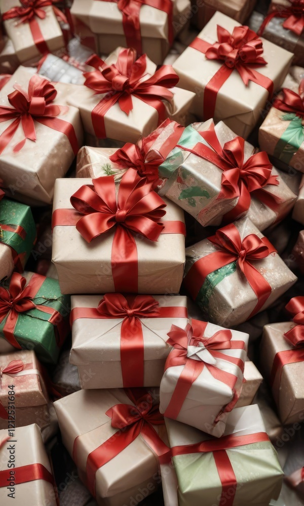 Close-up of a pile of wrapped Christmas gifts with ribbon bows, festive, holidays Close-up of a pile of wrapped Christmas gifts with ribbon bows, festive, holidays