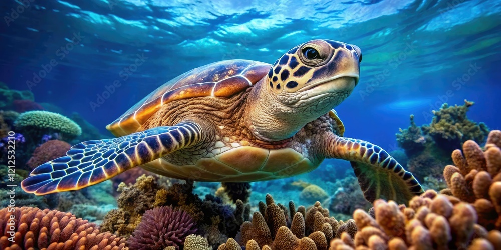Obraz premium Close-up of a sea turtle swimming in the coral reef, habitat, life