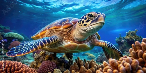 Close-up of a sea turtle swimming in the coral reef  habitat  life