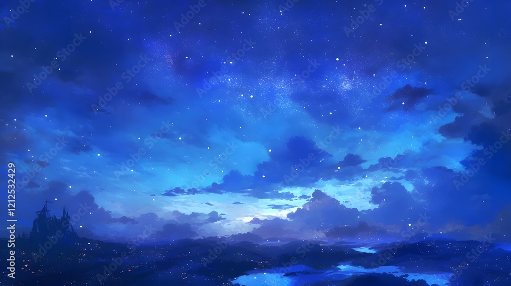 A serene landscape featuring a starry sky above fluffy clouds, evoking a sense of calm and wonder A serene landscape featuring a starry sky above fluffy clouds, evoking a sense of calm and wonder