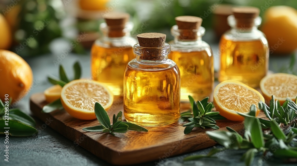 Bottles of golden oil with fresh herbs and orange slices Bottles of golden oil with fresh herbs and orange slices