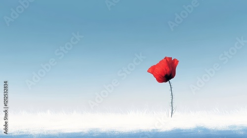 A single red poppy blooms in a snowy field photo