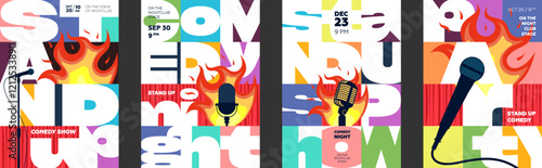 Brutalist geometric stand up roast comedy poster set. Bold vibrant colors typography. Creative illustrations featuring microphones and stage curtain. Perfect for club events and nightlife promotions