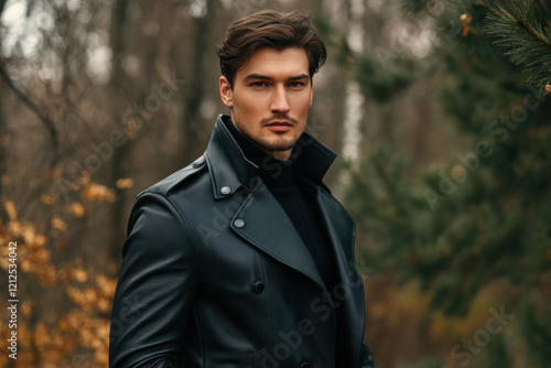 Full length portrait of handsome brunette male model wearing black leather coat. Standing Pose in backwards silhouette isolated on studio background photo