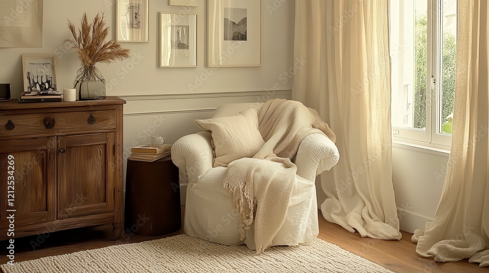 Fototapeta premium Cozy Living Room Interior Cream Armchair Knit Throw Wooden Cabinet and Linen Curtains