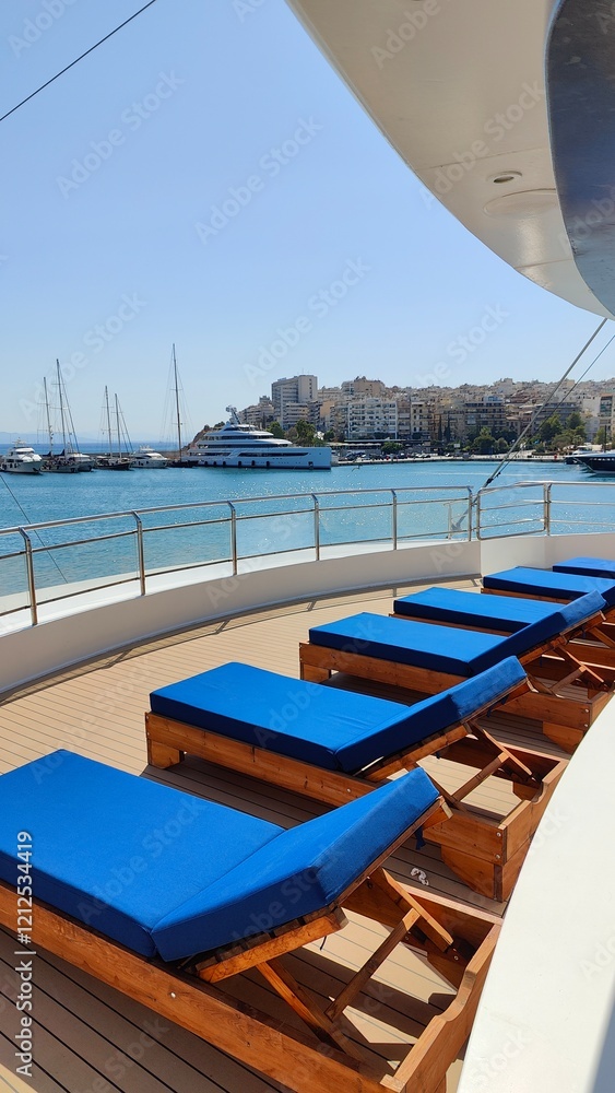 Interior and exterior design of a luxury sailing yacht / boat in the blue mediterranean sea Interior and exterior design of a luxury sailing yacht / boat in the blue mediterranean sea