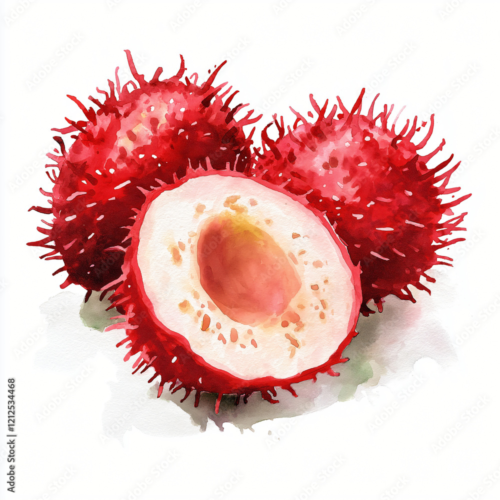 A watercolor sliced rambutan painting illustration isolated on a white background, a sliced rambutan illustration, painting, AI A watercolor sliced rambutan painting illustration isolated on a white background, a sliced rambutan illustration, painting, AI