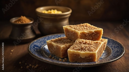 A plate of sweet confectionery with spices and ingredients in rustic bowls.
