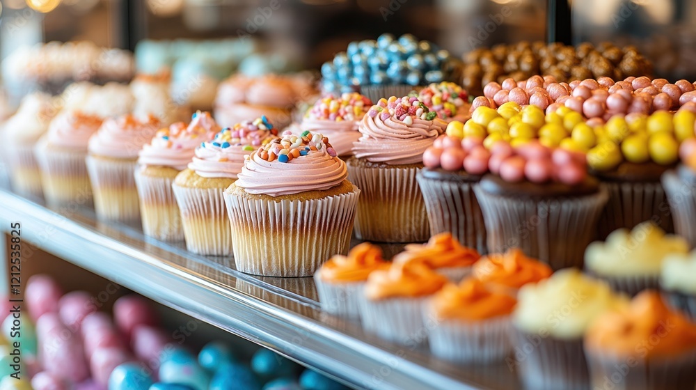 A Colorful Display of Delicious Cupcakes in a Bakery A Colorful Display of Delicious Cupcakes in a Bakery