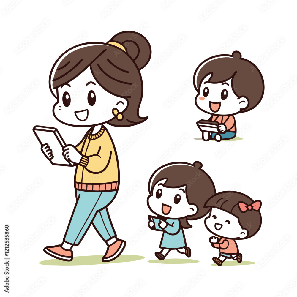 Mother Reading Book with Kids Cute Cartoon Illustration Mother Reading Book with Kids Cute Cartoon Illustration