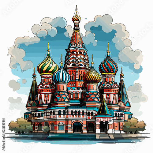 Saint Basil's Cathedral hand-drawn comic illustration. Cathedral of Vasily the Blessed. Vector doodle style cartoon illustration