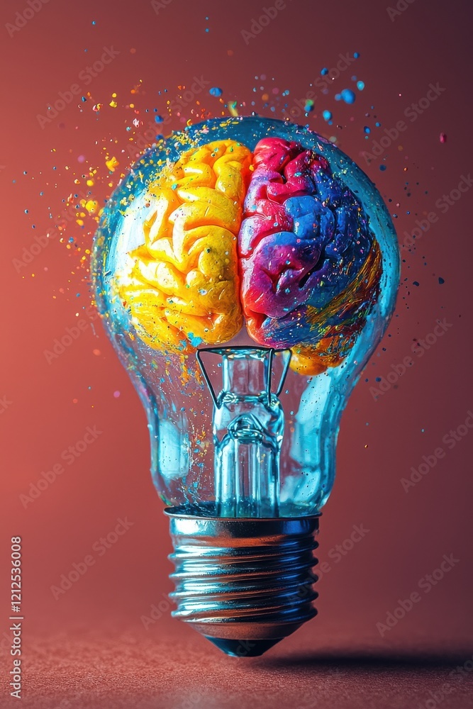 Creative concept art featuring a light bulb with a colorful brain inside Creative concept art featuring a light bulb with a colorful brain inside