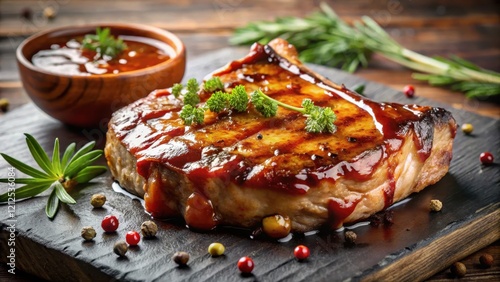 Rich savory BBQ basting sauce splattered onto a juicy pork chop, barbecue, savory bbq sauce,  barbecue
